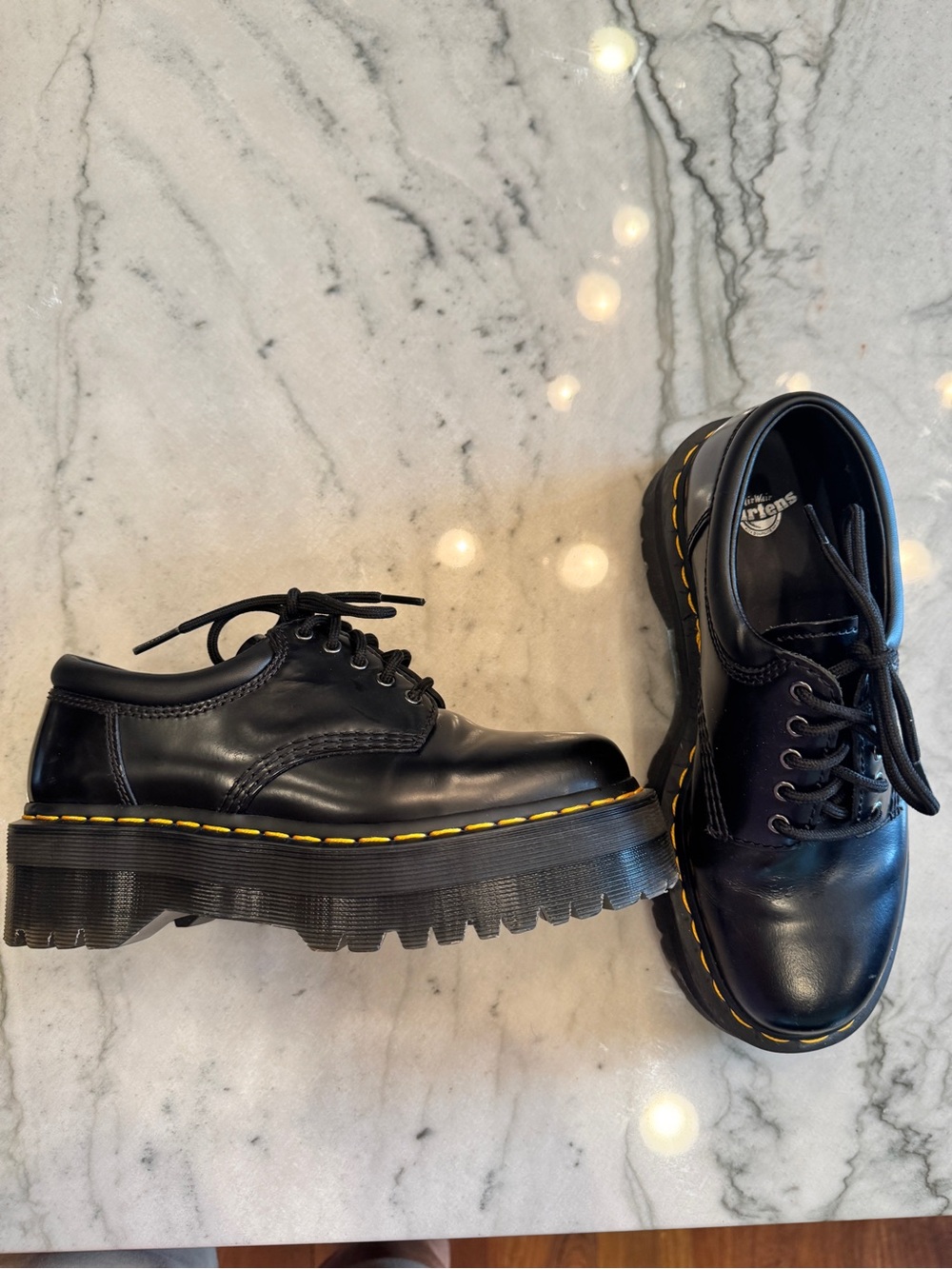 Dr. Martens Black Leather 5-Eye Derby Shoes with Yellow Stitching - Picture 2 of 4